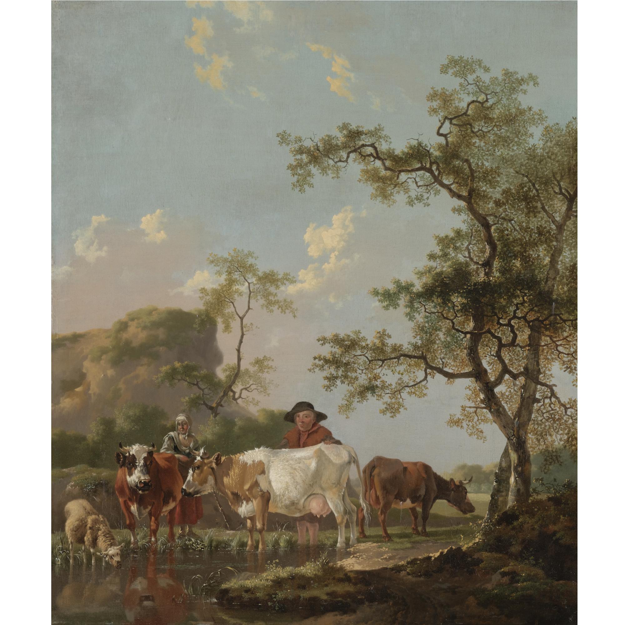 Barend Hendrik Thier - A Landscape With Two Peasants And Their Cattle Beside A Stream