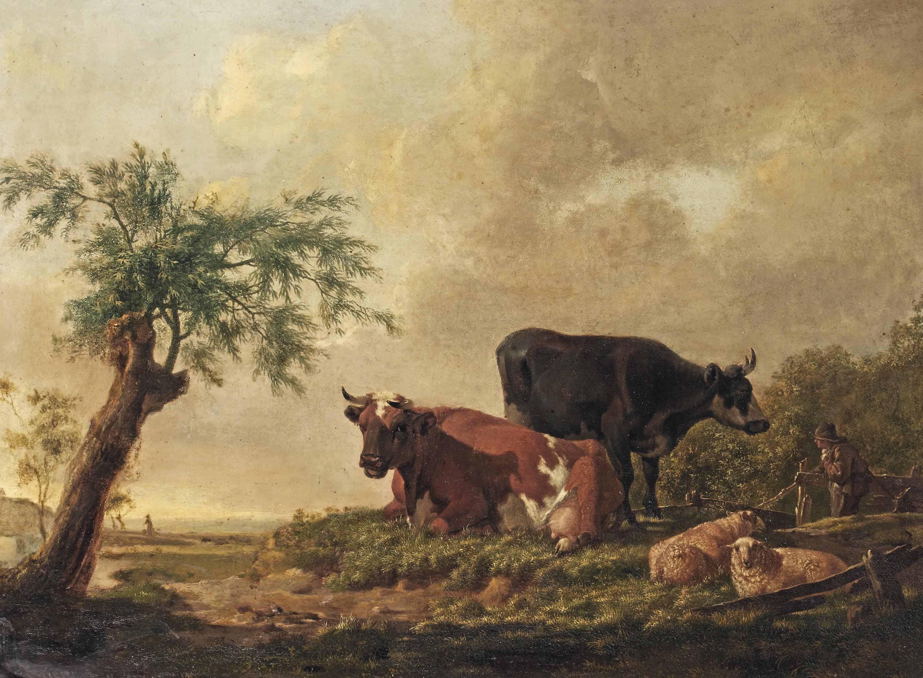 Barend Hendrik Thier - A pastoral landscape with a farmer and his cattle resting