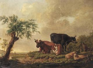 Barend Hendrik Thier - A pastoral landscape with a farmer and his cattle resting