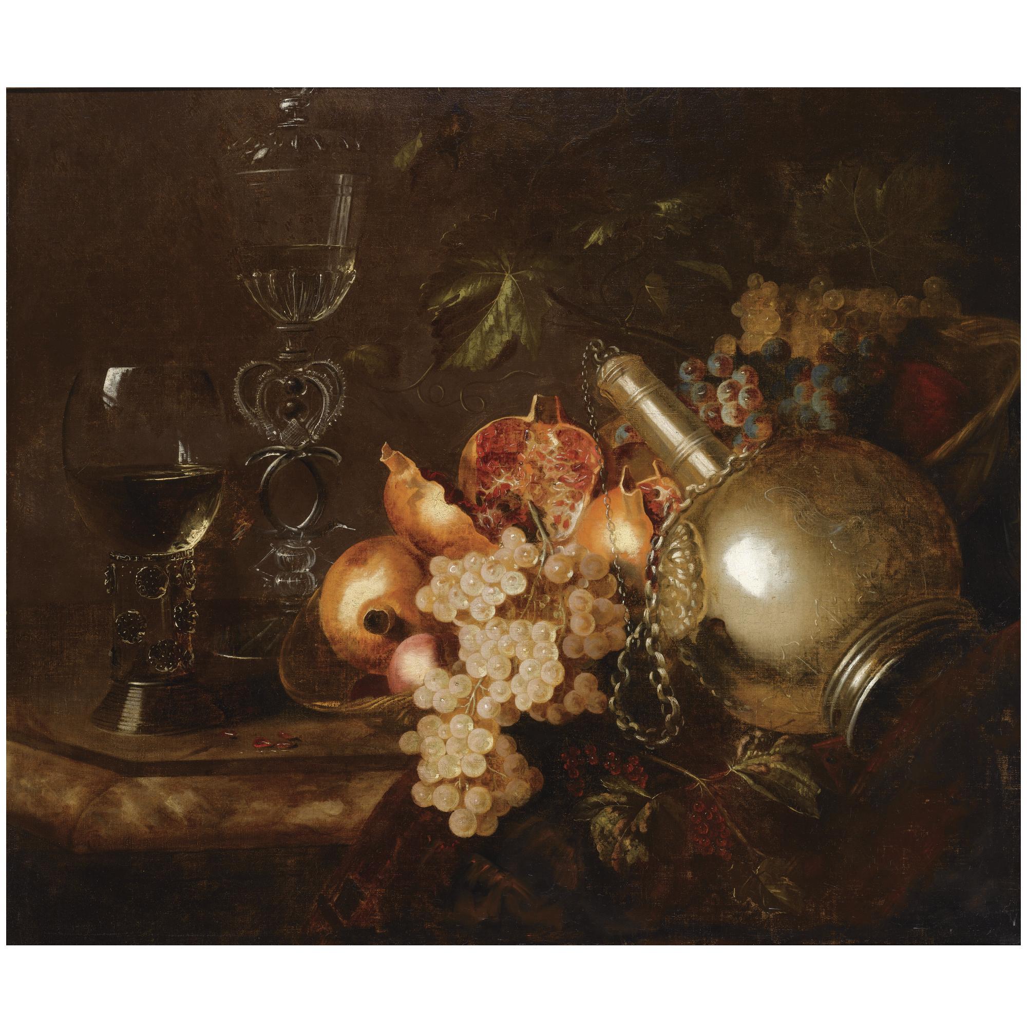 Barend van der Meer - A Still Life Of Pomegranates, Grapes, A Silver Vessel, A Roemer And A Venetian Glass On A Marble Table Draped With A Cloth