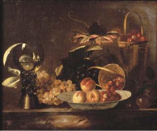 Barend Van Der Meer - Peaches And Raspberries On A Dish, With Grapes, A Roemer, A Partly-Peeled Lemon And A Basket On A Marble Ledge