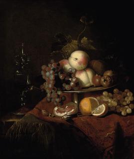 Barend van der Meer - Peaches, grapes and pomegranates on a plate, a sliced orange and walnuts on a partly draped table with a wine glass