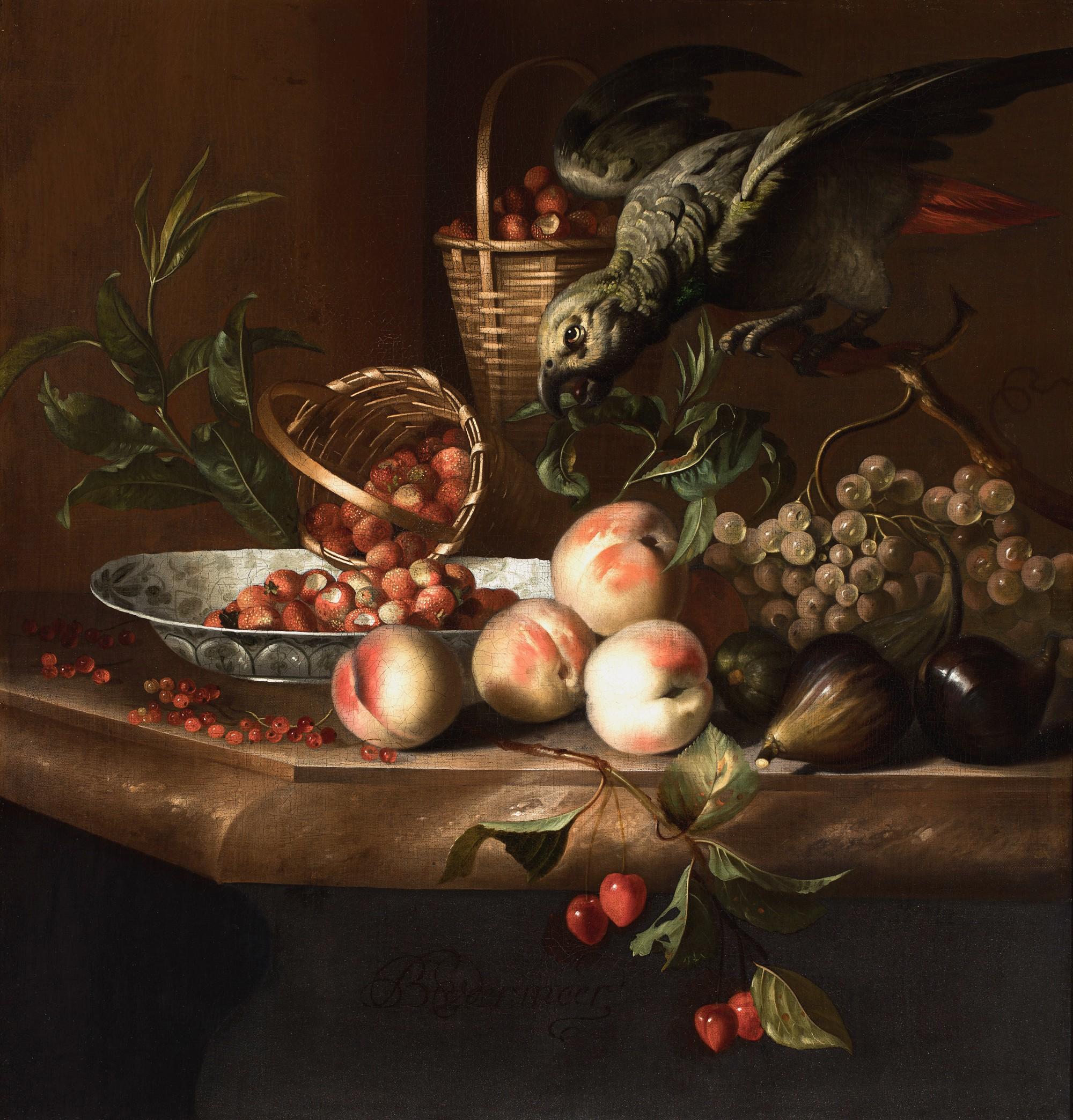 Barend Van Der Meer - Still life of wild strawberries, peaches, figs, and other fruit on a ledge with a grey parrot