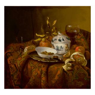 Barend Van Der Meer - Still Life With A Roemer, Fruit, Porcelain And A Dish Of Olives All On A Table Draped With A Carpet