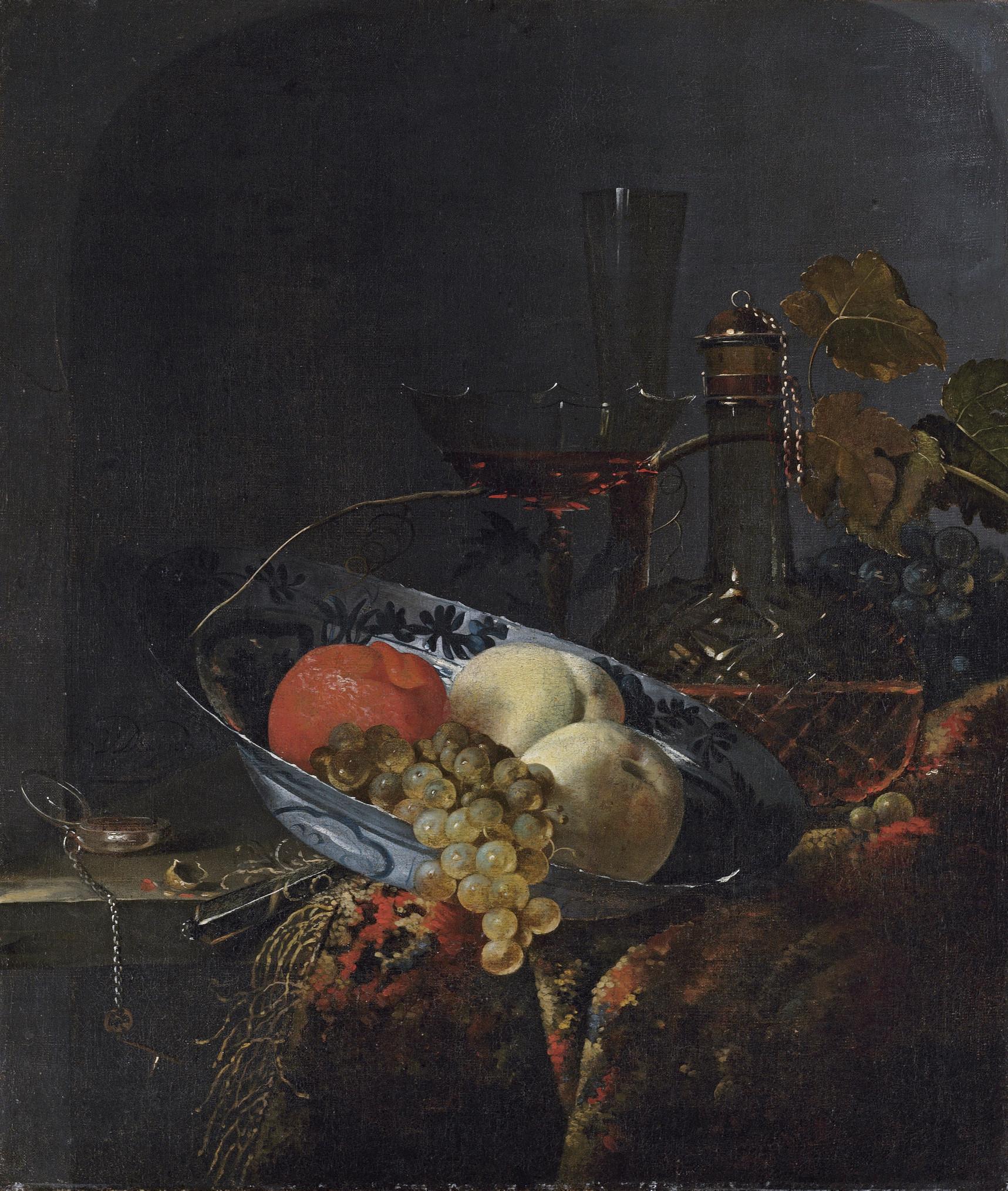 Barendt Van Der Meer - Grapes, peaches and an orange in a porcelain bowl, with a watch, nuts, a knife, a glass decanter, wine-glasses, grapes and a carpet on a wooden table