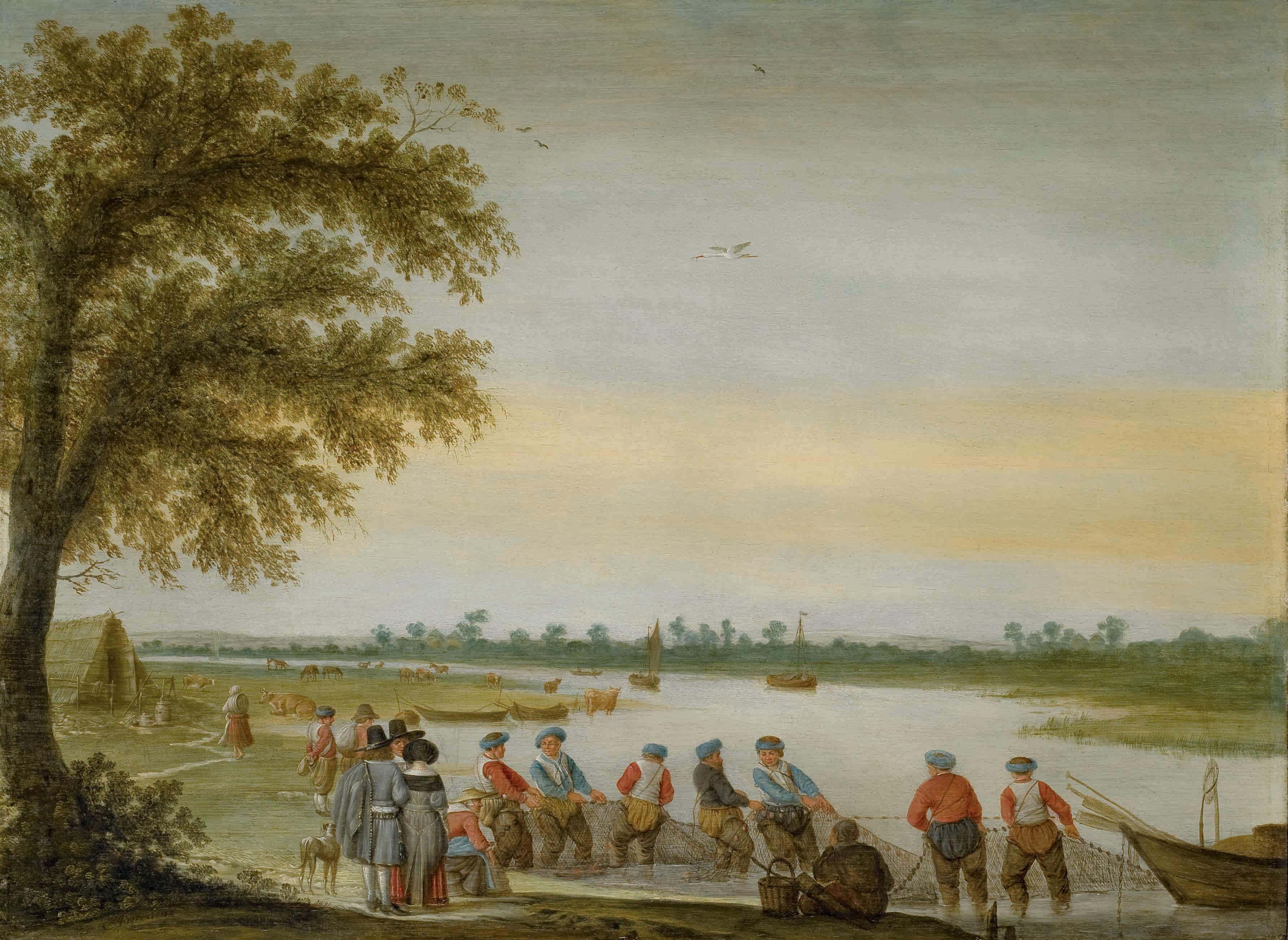 Barent Avercamp - Pêcheurs Tirant Leurs Filets Au Bord D\'Une Rivière