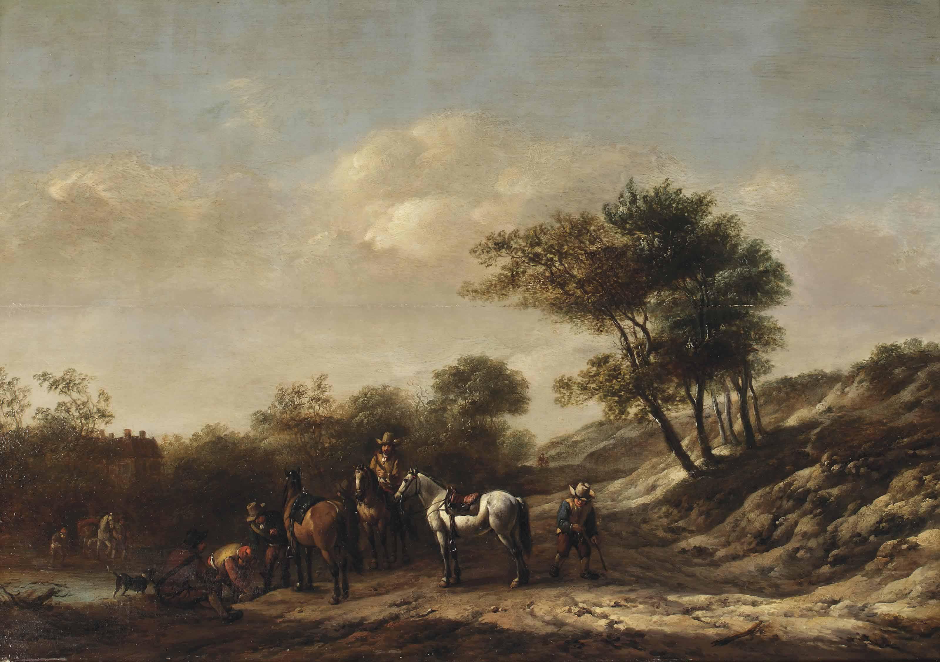 Barent Gael - A Landscape With Riders And Travellers By A River