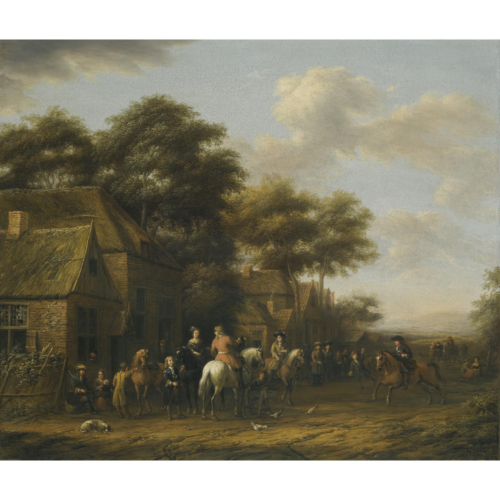 Barent Gael - A Pair Of Village Scenes With Numerous Figures, Horses And Chickens