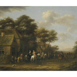 Barent Gael - A Pair Of Village Scenes With Numerous Figures, Horses And Chickens