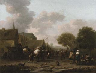 Barent Gael - A village landscape with travellers on the street by a vegetable seller