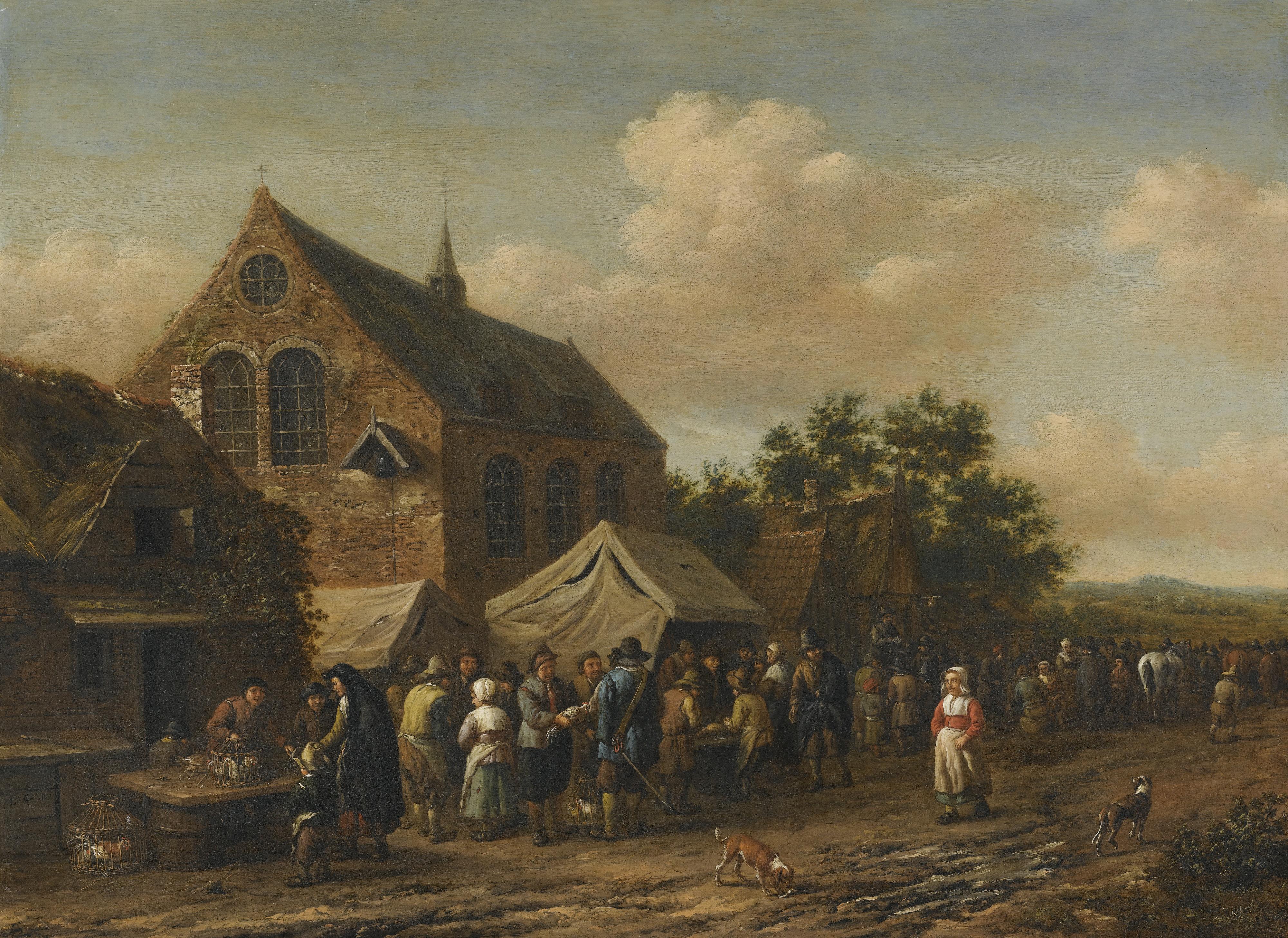 Barent Gael - A Village Market Beside A Church