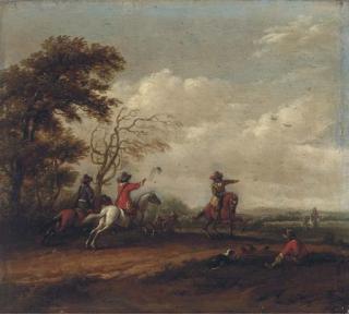 Barent Gael - A Wooded Landscape With A Hawking Party