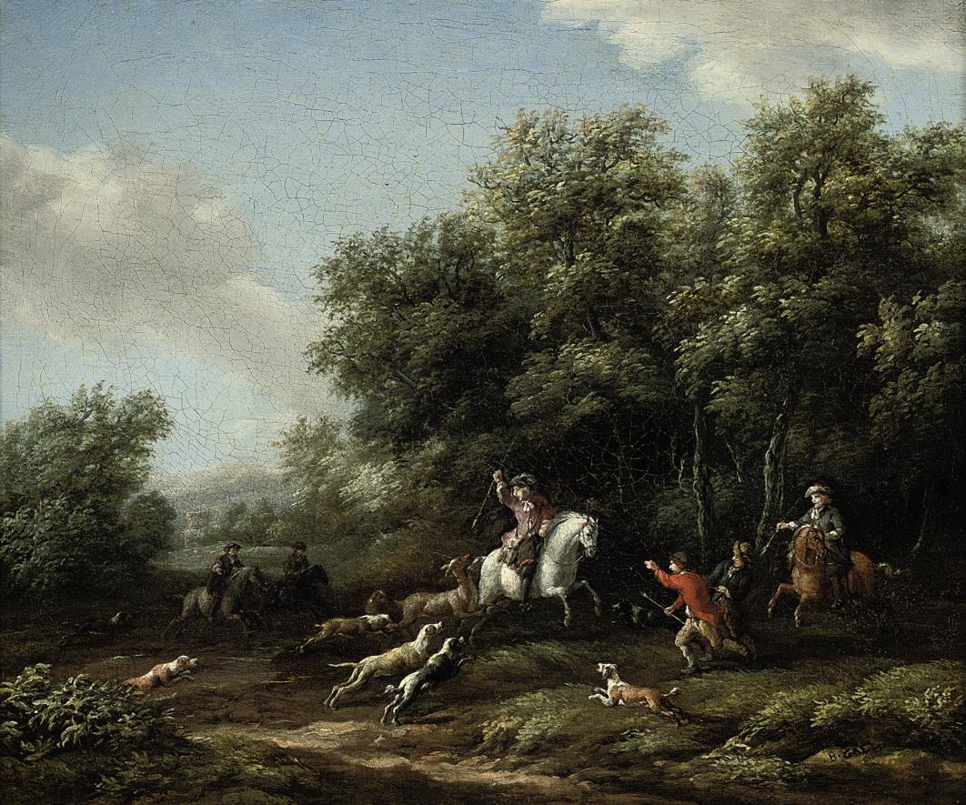 Barent Gael - A wooded landscape with a stag hunt