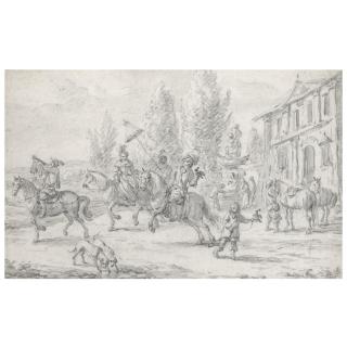 Barent Gael - An Elegant Hawking Party Setting Off From A Country House