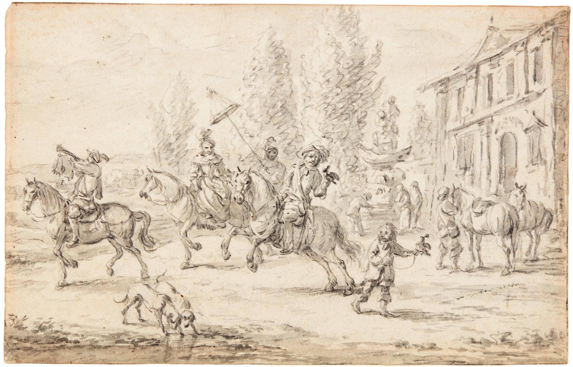 Barent Gael - An Elegant Hawking Party Setting Off From A Country House