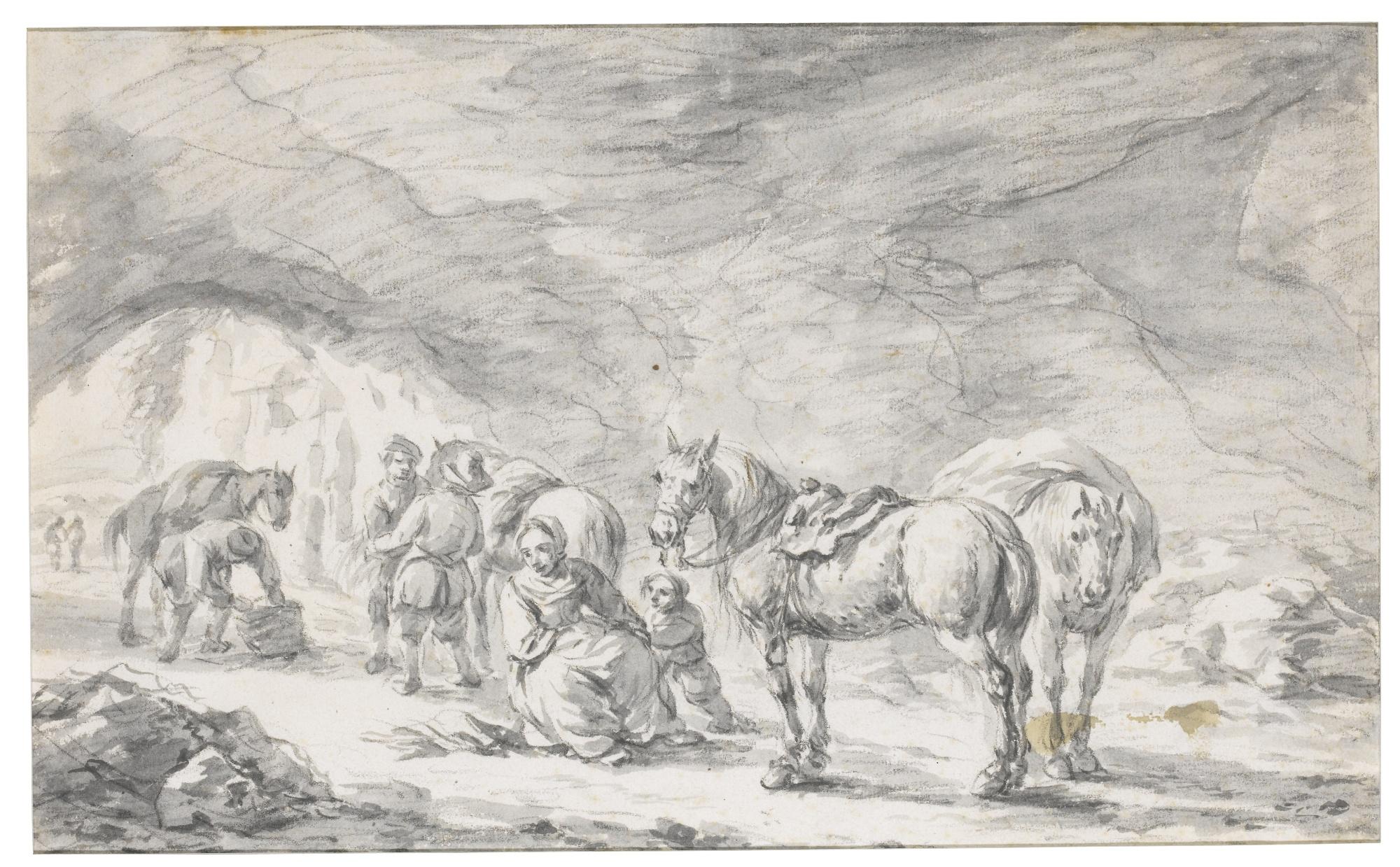 Barent Gael - Figures And Horses At Rest On A Road With An Arch To The Left