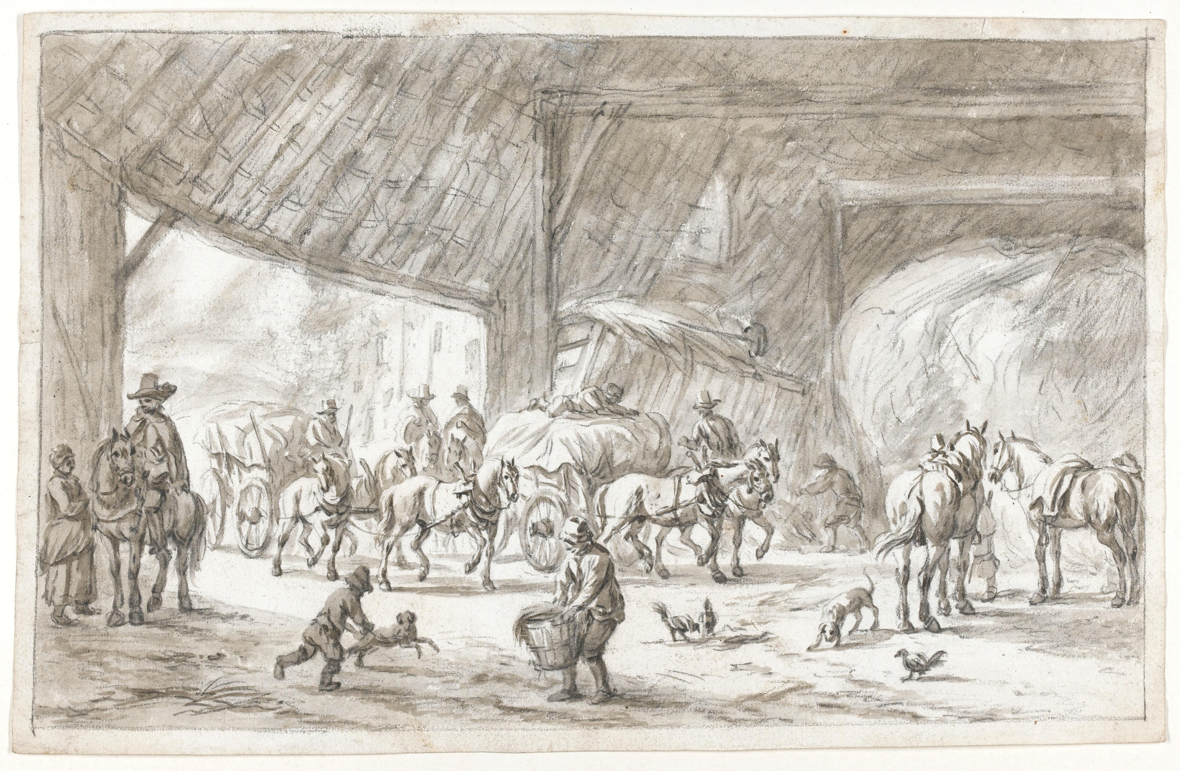 Barent Gael - Interior Of A Barn, With Figures, Horses And Carts