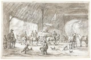 Barent Gael - Interior Of A Barn, With Figures, Horses And Carts