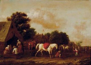 Barent Gael - Peasants by a cottage with a horse stalling