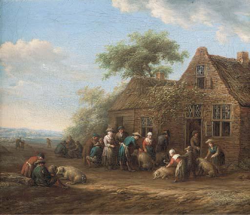 Barent Gael - Peasants outside an inn preparing pigs for market