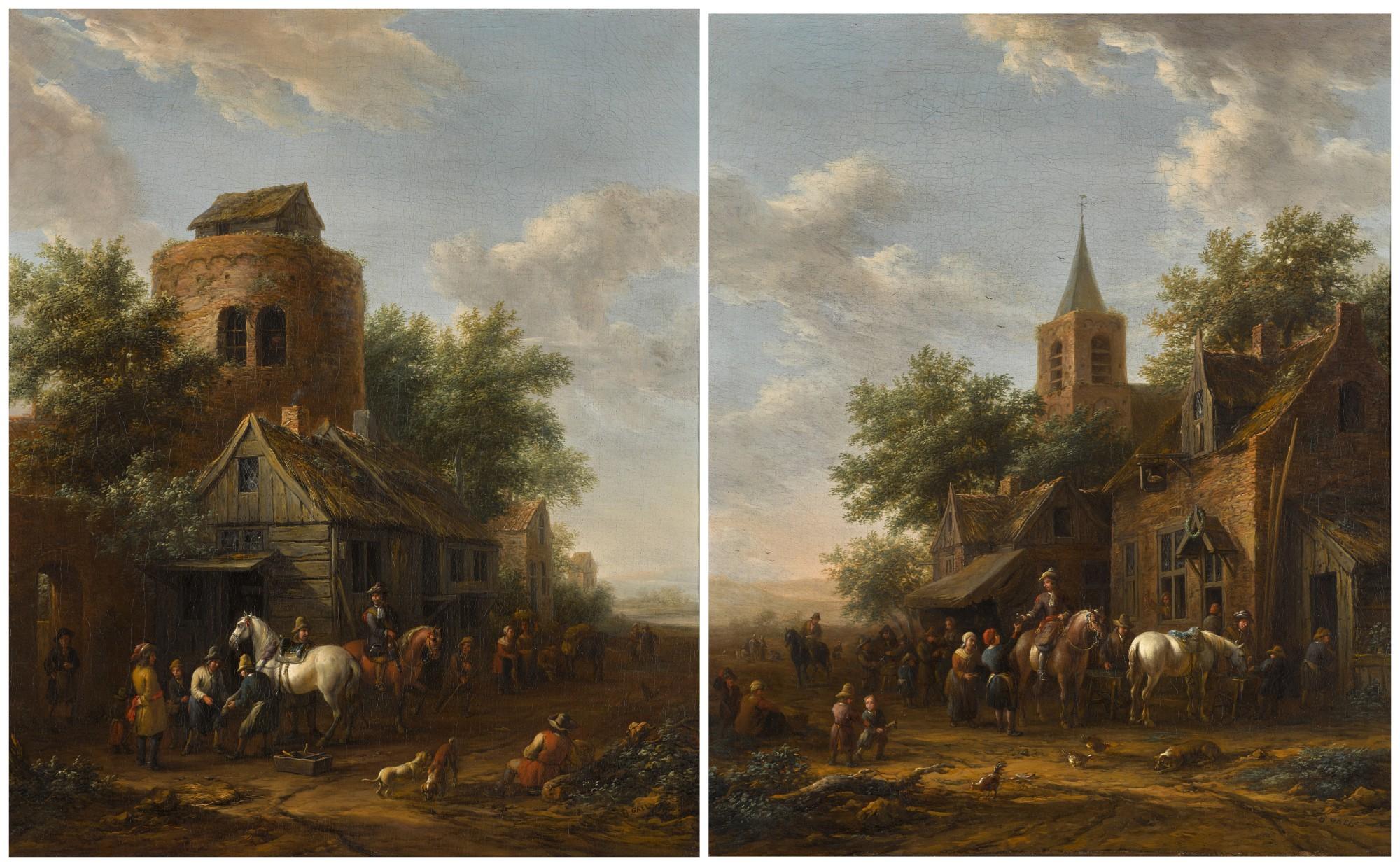 Barent Gael - Two Village Scenes With Horsemen By A Tavern
