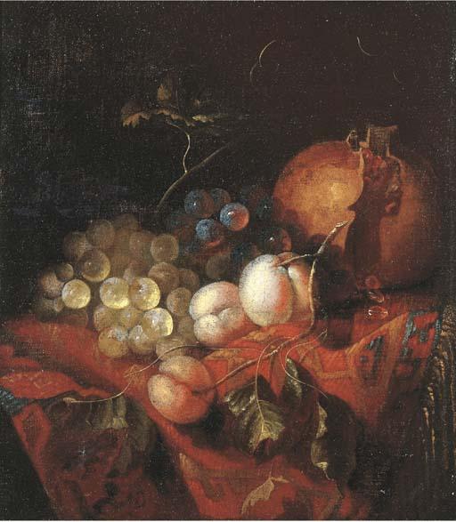 Barent Van Der Meer - A pomegranate, grapes and peaches on a draped table