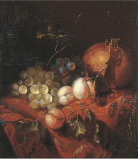 Barent Van Der Meer - A pomegranate, grapes and peaches on a draped table