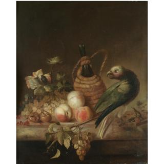 Barent van der Meer - A Still Life With A Parrot, Together With A Flagon Of Wine, A Bunch Of Grapes, Peaches And Redcurrants On A Marble Ledge