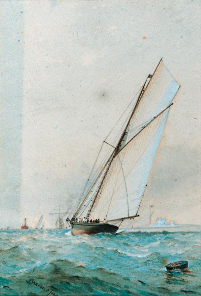 Barlow Moore - Irex racing to windward with Calshot off her starboard quarter; and Galatea approaching the windward mark with the Royal Yacht Squadron off her stern