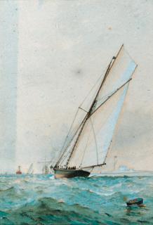 Barlow Moore - Irex racing to windward with Calshot off her starboard quarter; and Galatea approaching the windward mark with the Royal Yacht Squadron off her stern