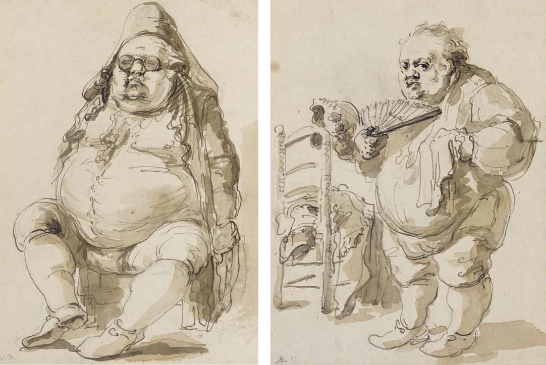 Baron Dominique-Vivant Denon - A seated man in a hat; and The same man by a chair holding a fan and a handkerchief