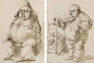 Baron Dominique-Vivant Denon - A seated man in a hat; and The same man by a chair holding a fan and a handkerchief