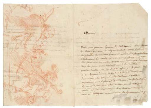 Baron Dominique-Vivant Denon - Une lettre de Denon avec un dessin d\'après un tableau d\'Un concert de Ludovico Carracci