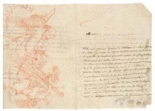 Baron Dominique-Vivant Denon - Une lettre de Denon avec un dessin d\'après un tableau d\'Un concert de Ludovico Carracci
