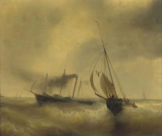 Baron Jean-Théodore-Antoine Gudin - A paddle steamer passing a French fishing vessel in rough waters
