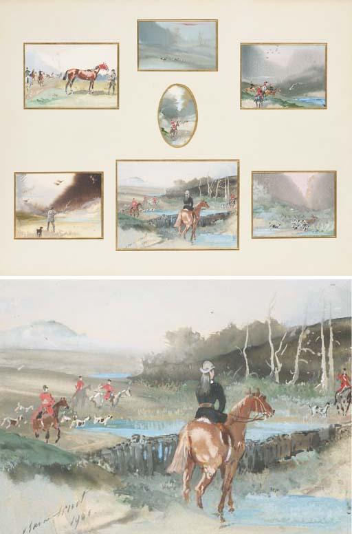 Baron Jules Finot - Cinq scènes de chasse à cours; Une scène de chasse à tir; et Des cavaliers dans un champ
