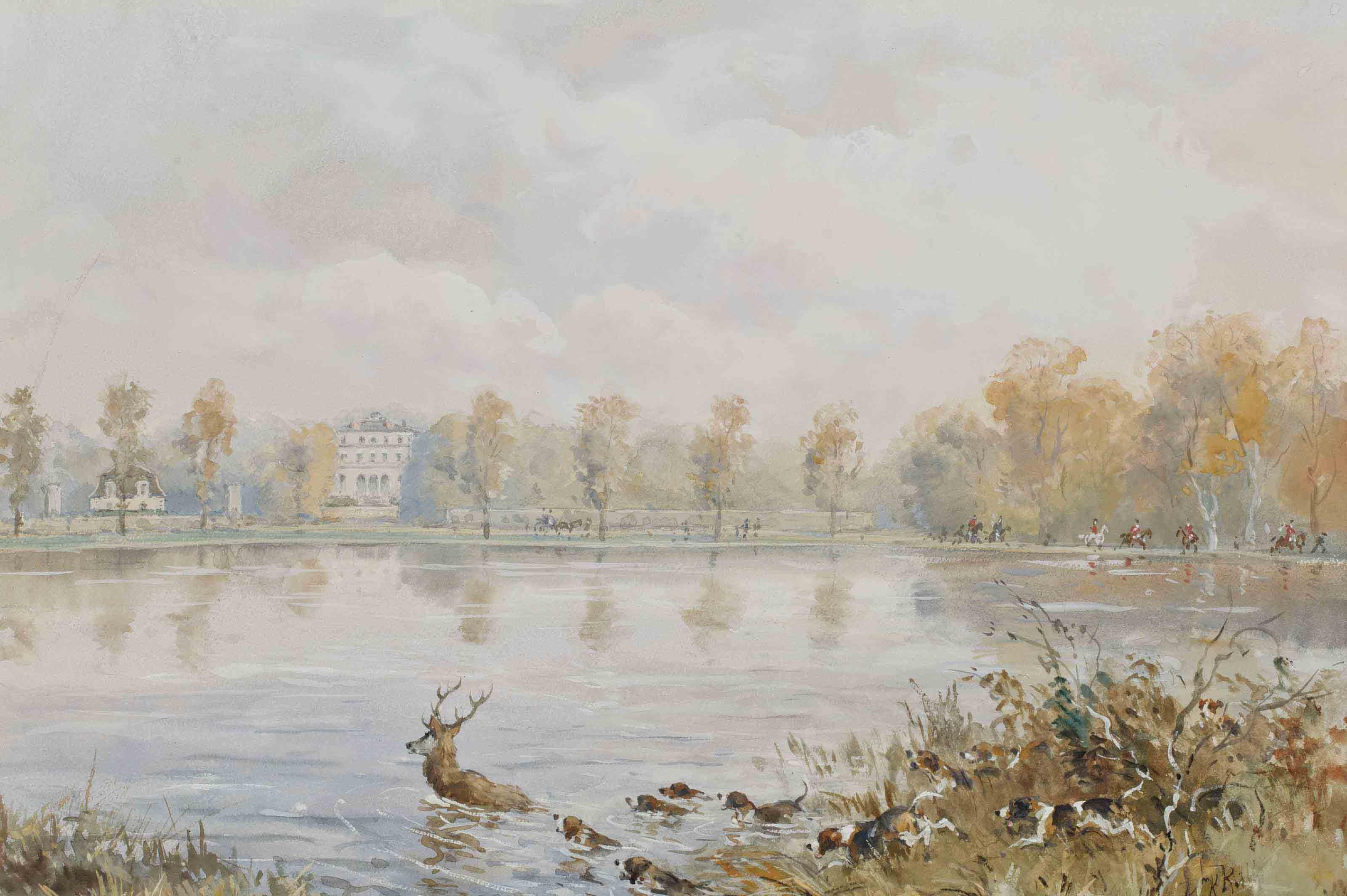 Baron Karl Reille - Le palais abbatial de Royaumont, des chiens chassant un cerf au premier plan