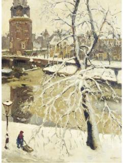 Bart Peizel - Winter op de Oude Schans met de Montelbaanstoren in de achtergrond