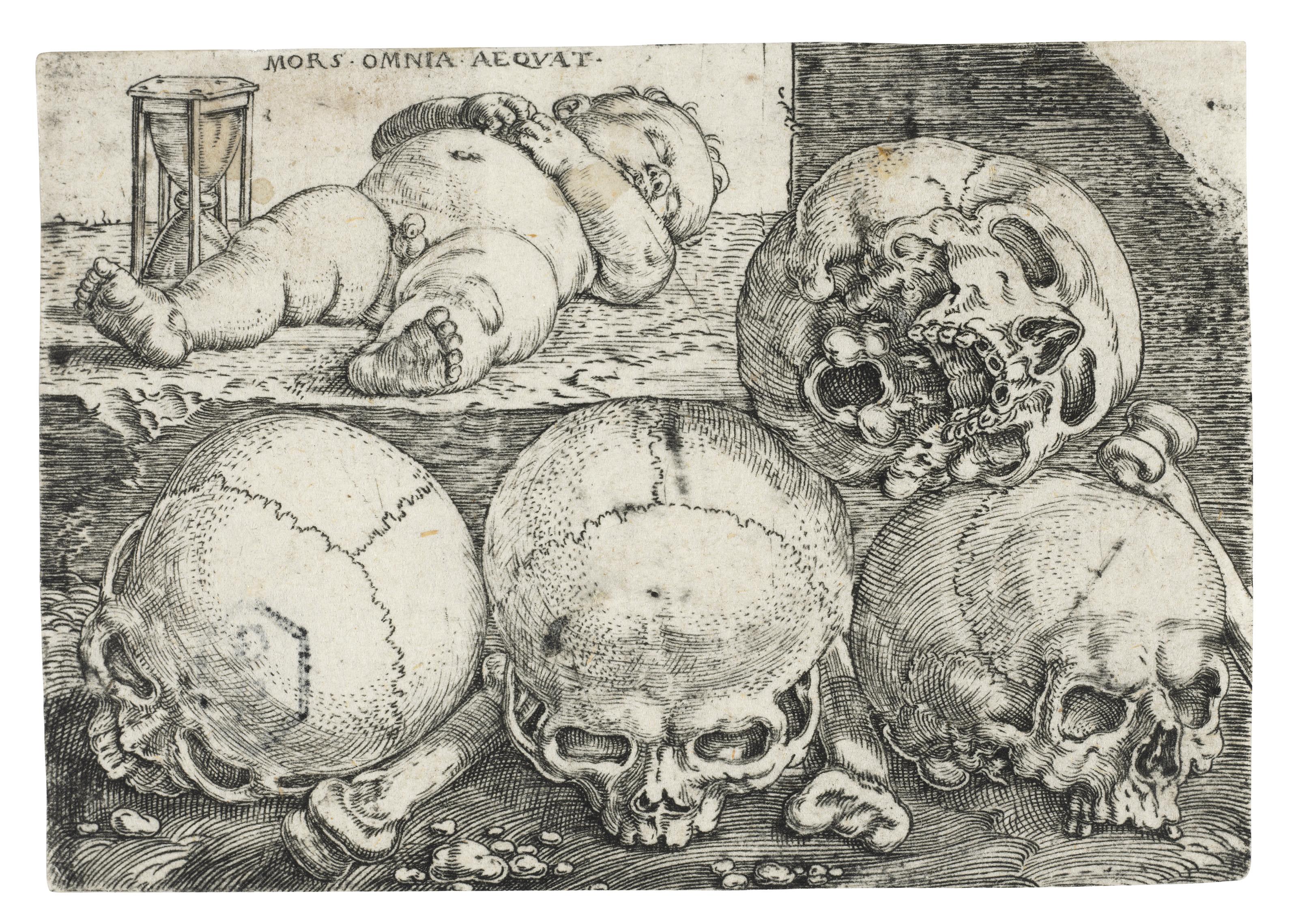 Barthel Beham - Sleeping Child with Four Skulls