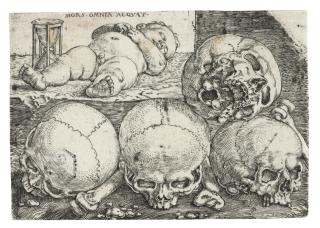 Barthel Beham - Sleeping Child with Four Skulls