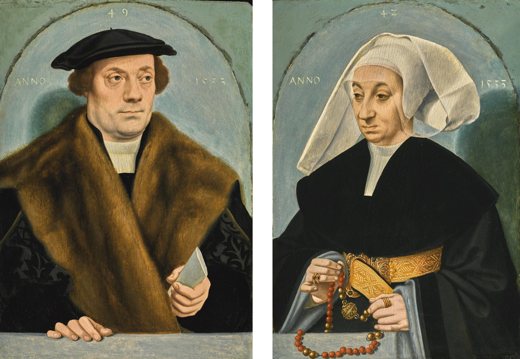 Bartholomäus Bruyn The Elder - Portrait Of A Gentleman, Half-Length, Wearing A Black Coat With Fur Collar, Holding A Letter; Portrait Of His Wife, Half-Length, Wearing A Black Dress And Cape With Gold Belt, Holding A Red And Gold Bead Rosary