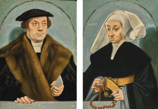 Bartholomäus Bruyn The Elder - Portrait Of A Gentleman, Half-Length, Wearing A Black Coat With Fur Collar, Holding A Letter; Portrait Of His Wife, Half-Length, Wearing A Black Dress And Cape With Gold Belt, Holding A Red And Gold Bead Rosary