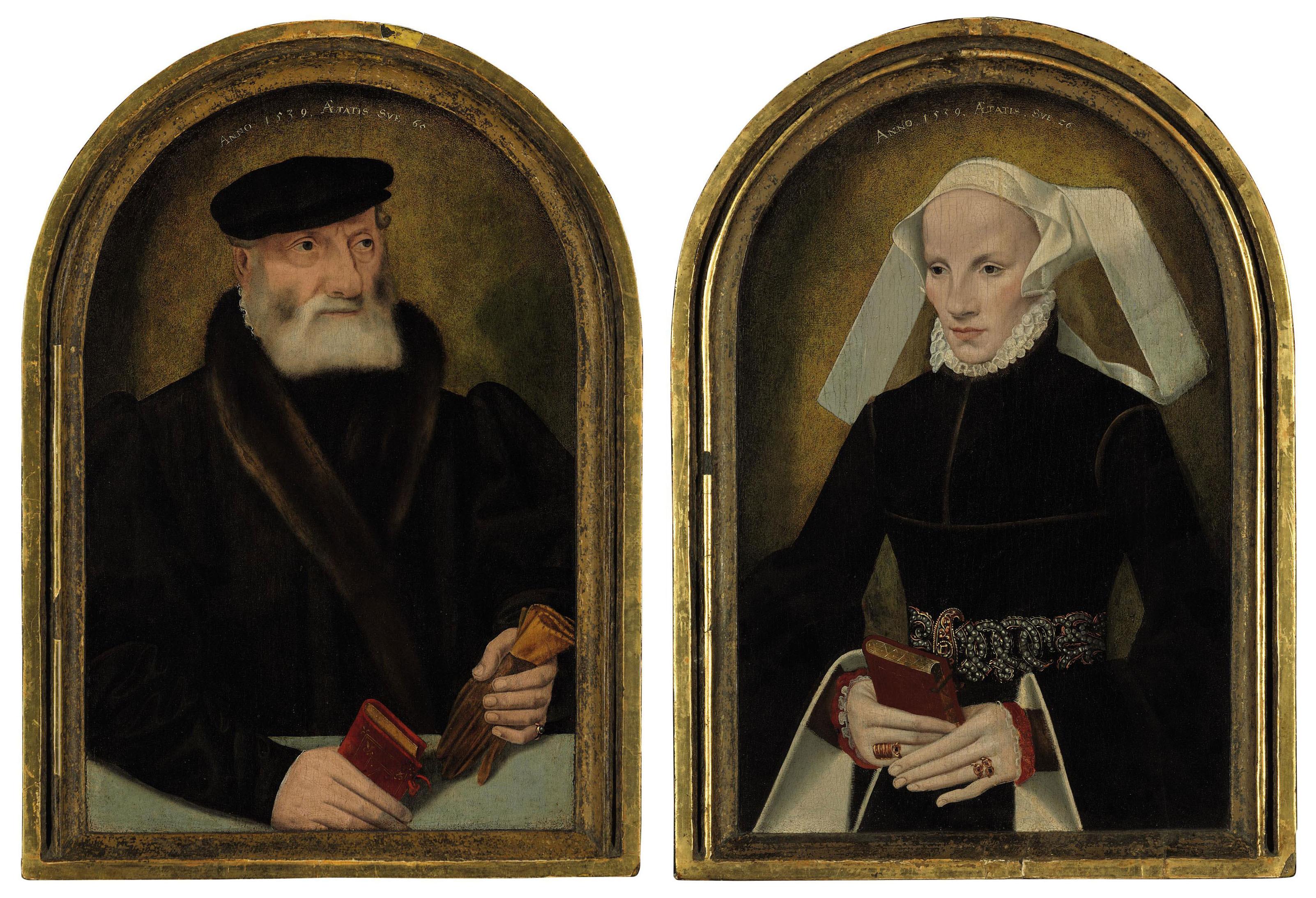 Bartholomäus Bruyn the Younger - Portrait of a gentleman, half-length, with a glove and a book; and A portrait of a lady, three-quarter length, holding a prayer book