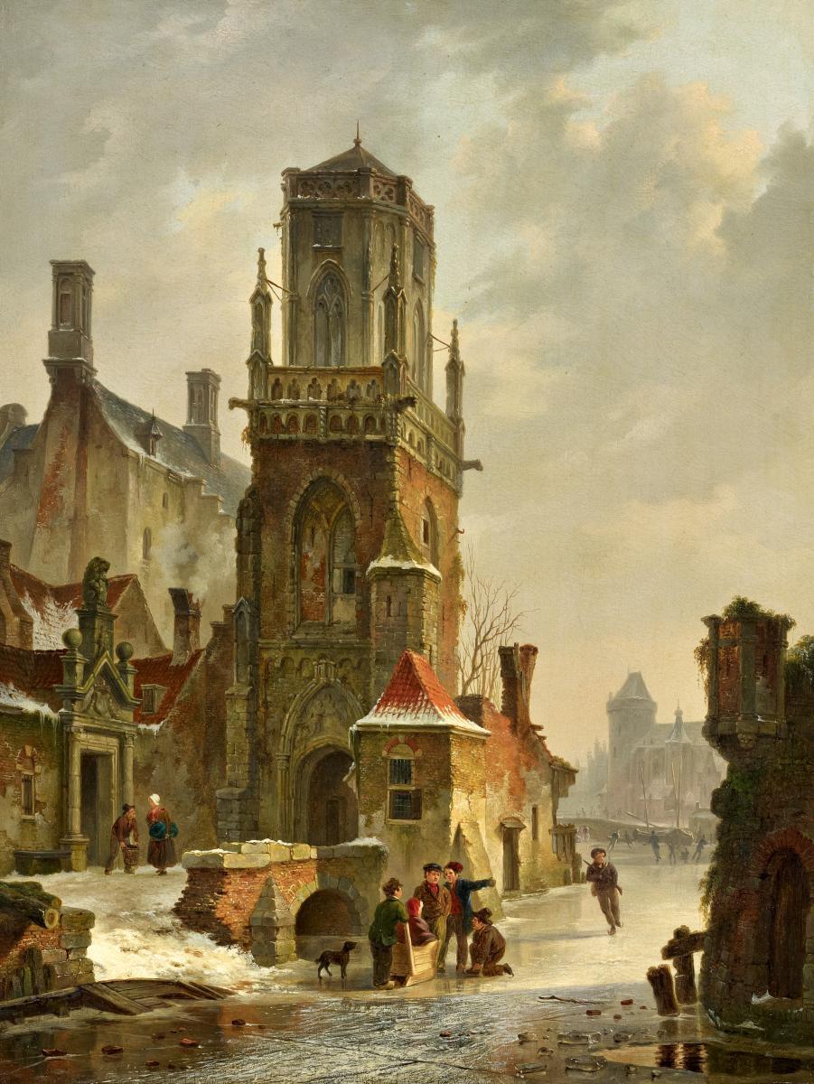 Bartholomäus Johannes van Hove - Holländische Stadtansicht mit Personen auf dem zugefrorenen Kanal