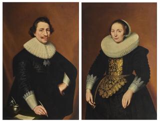 Bartholomäus Sarburgh - Portrait of a gentleman, three-quarter-length, holding a quill; and Portrait of a Lady, three-quarter-length, holding her girdle
