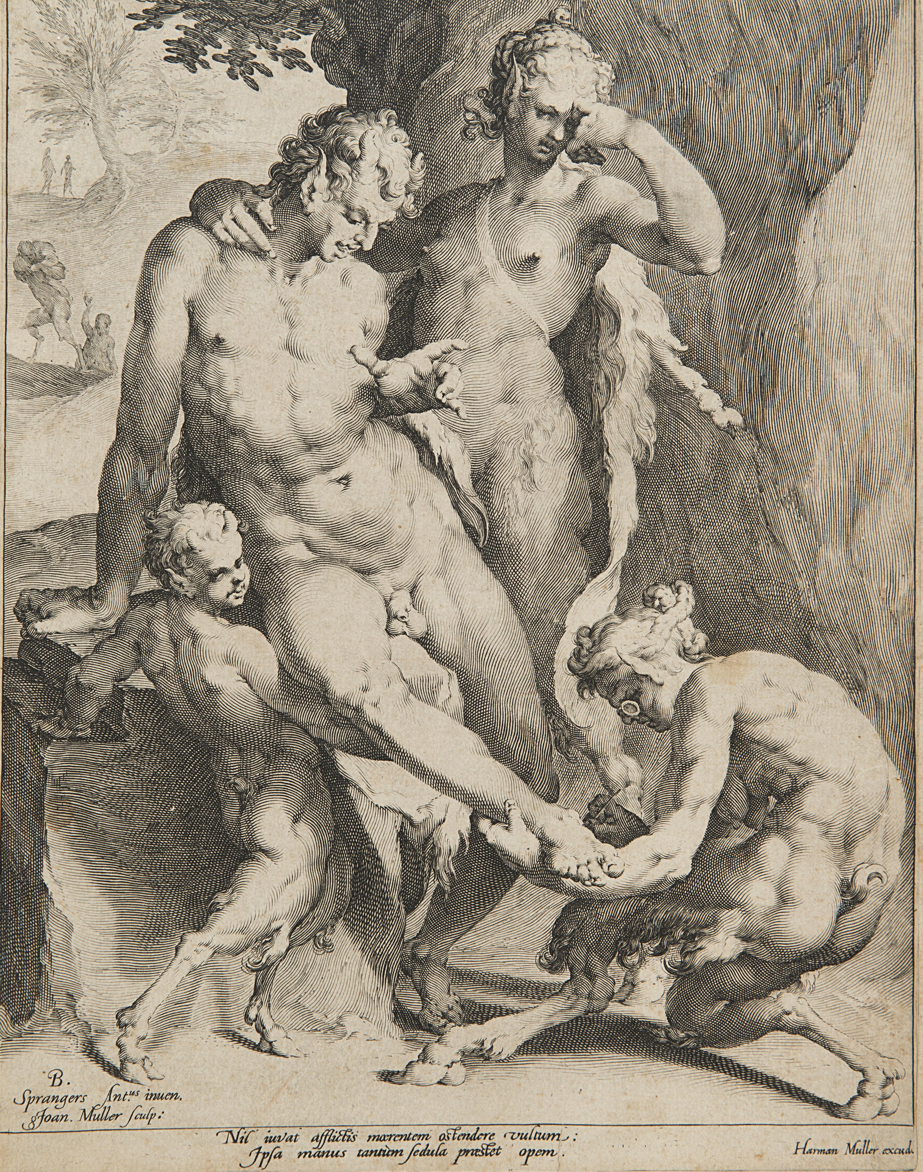 Bartholomaeus Spranger - Fauno toglie la spina da un piede di un satiro