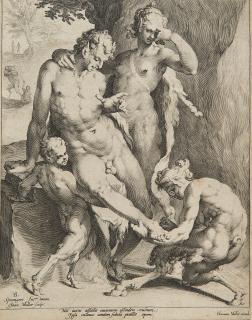 Bartholomaeus Spranger - Fauno toglie la spina da un piede di un satiro