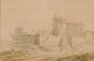 Bartholomaus Breenberg - Une fortification près d\'un lac, des figures pêchant au premier plan