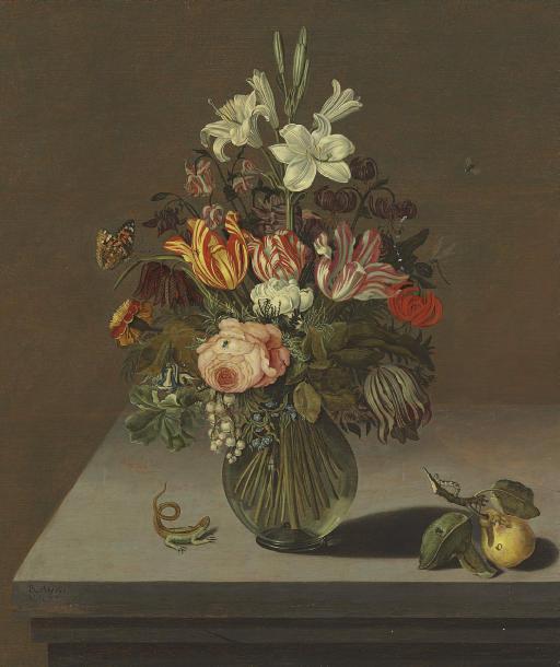 Bartholomeus Abrahamsz. Assteyn - Roses, Tulips, Lilies And Other Flowers In A Glass Vase On A Stone Ledge, With A Butterfly, A Caterpillar, Flies And Other Insects, And A Lizard