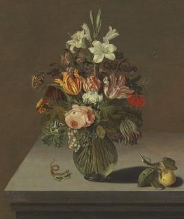 Bartholomeus Abrahamsz. Assteyn - Roses, Tulips, Lilies And Other Flowers In A Glass Vase On A Stone Ledge, With A Butterfly, A Caterpillar, Flies And Other Insects, And A Lizard